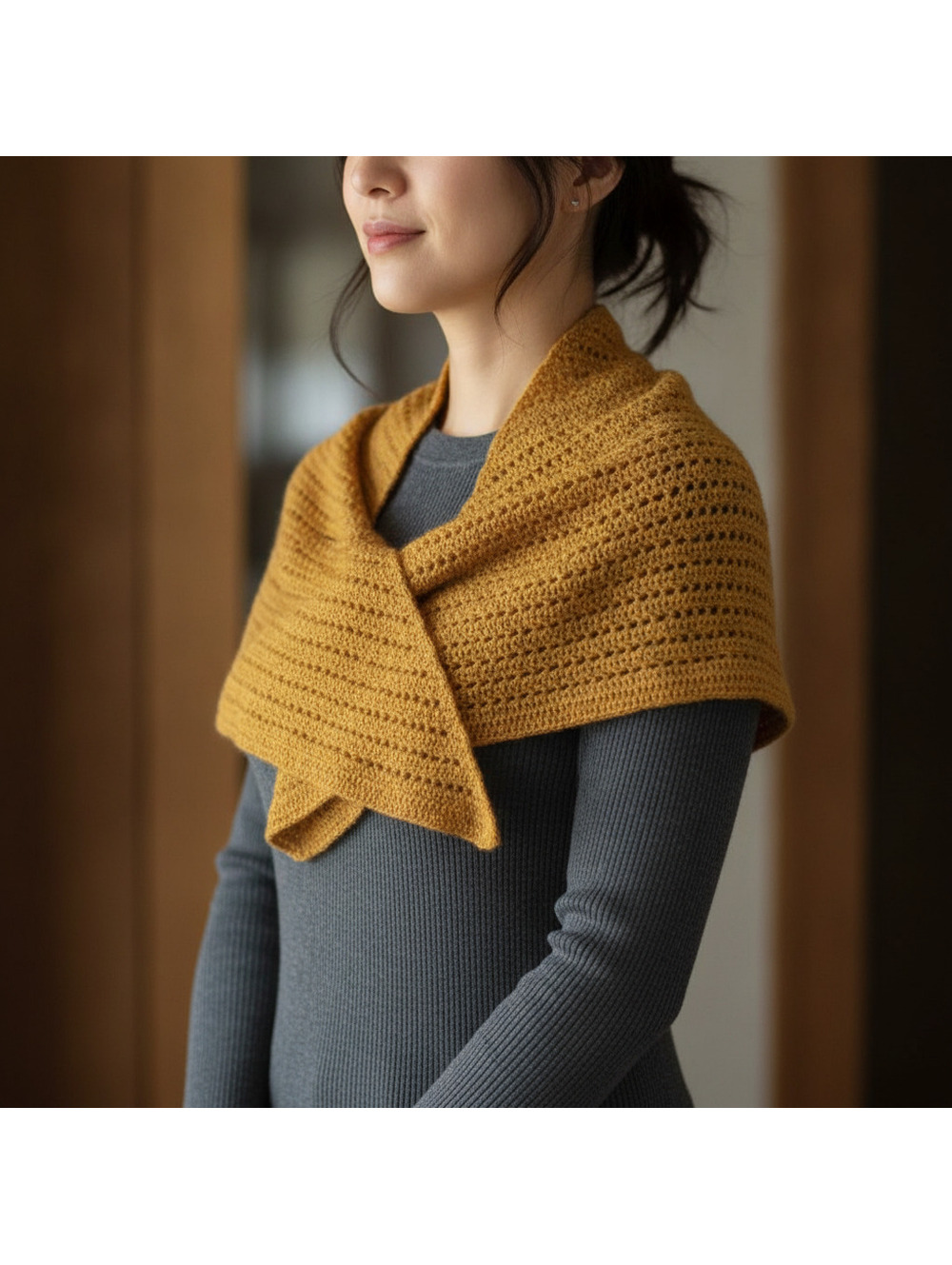 Handmade Crochet Triangle Prayer Shawl, Rusted Gold, Dark Mustard, Soft, Elegant